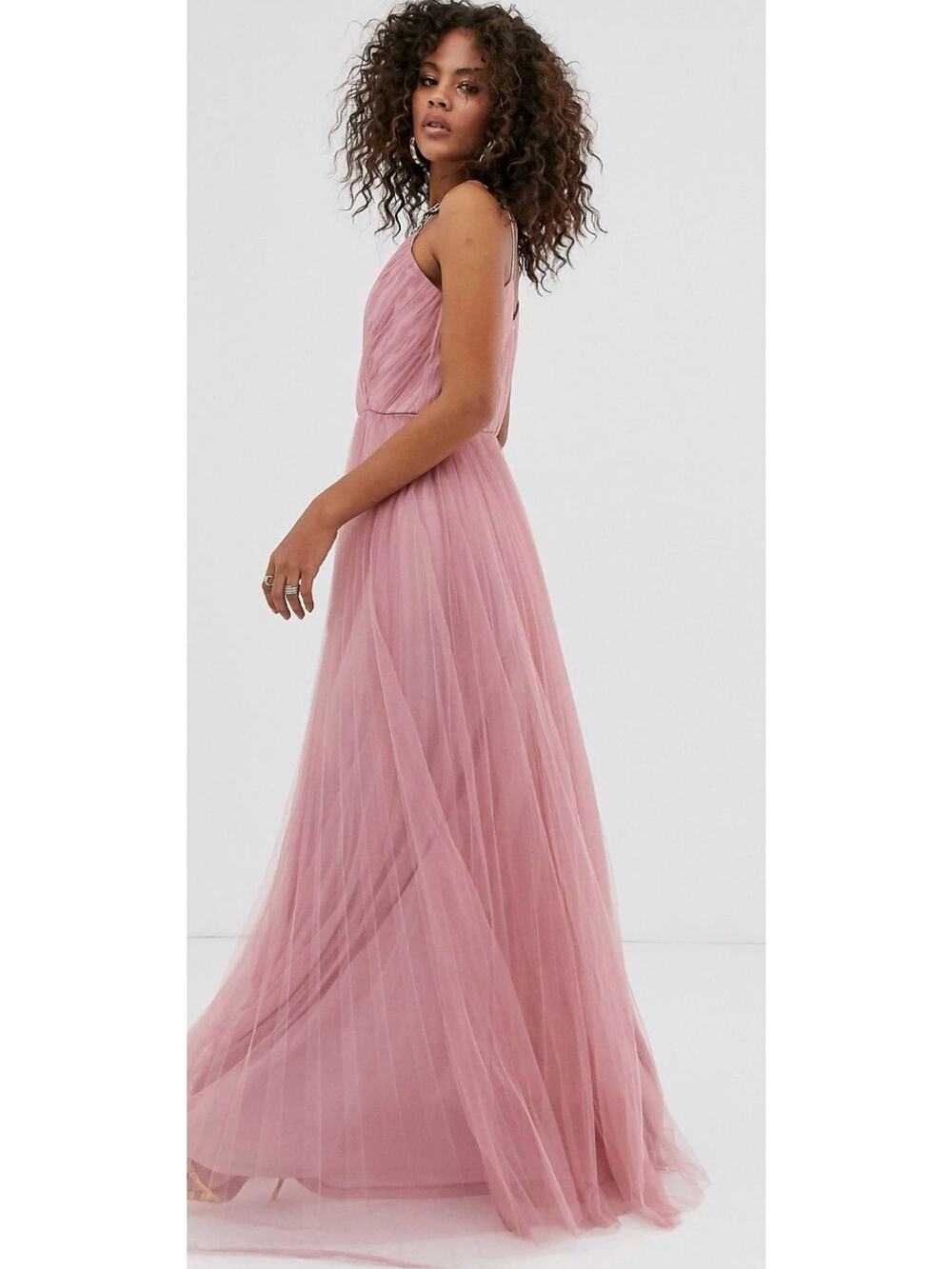 ASOS Pleated Tulle A-Line Faux Wrap Maxi Dress in Dusty Pink Size 6